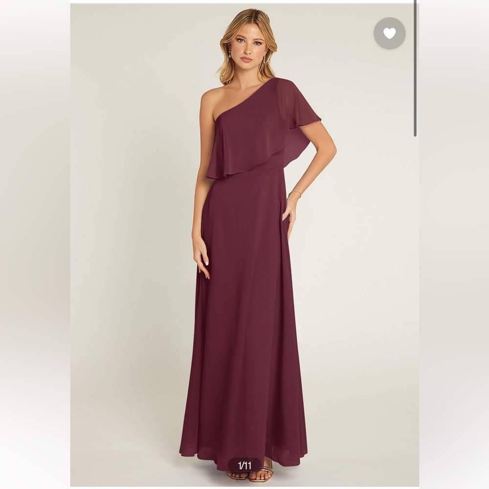 Azazie One-Shoulder Ruffle Chiffon Gown in Burgundy